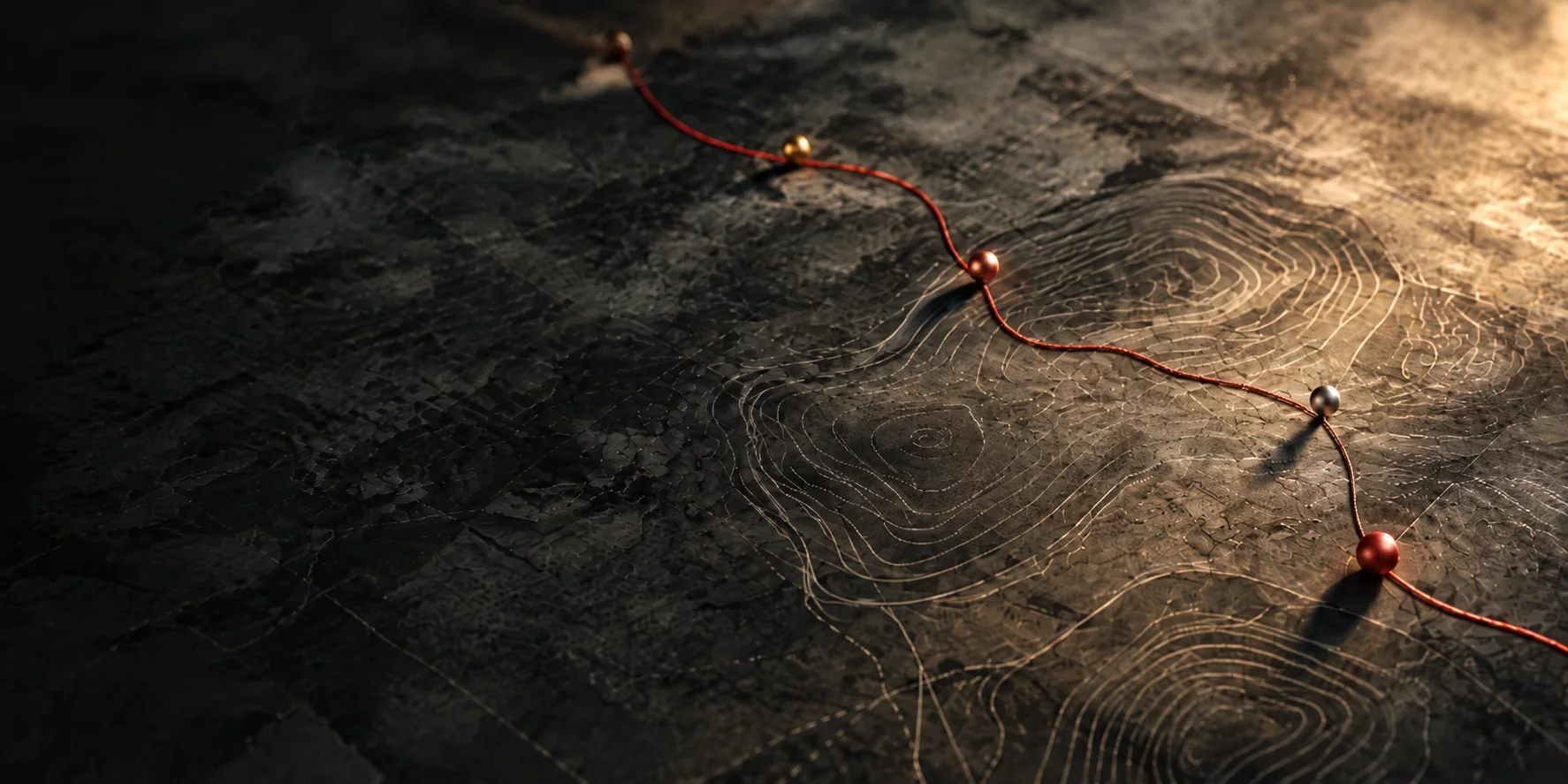 A dark topographic map with an oxide string running across it through a line of pins